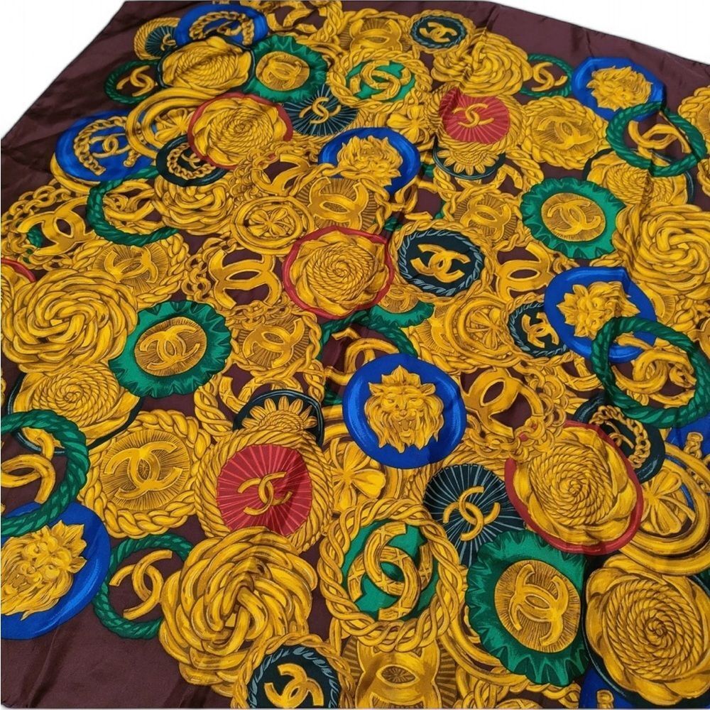 CHANEL Burgundy & Gold CC Logo Jewelry Motif Silk Scarf - Picture 6 of 8